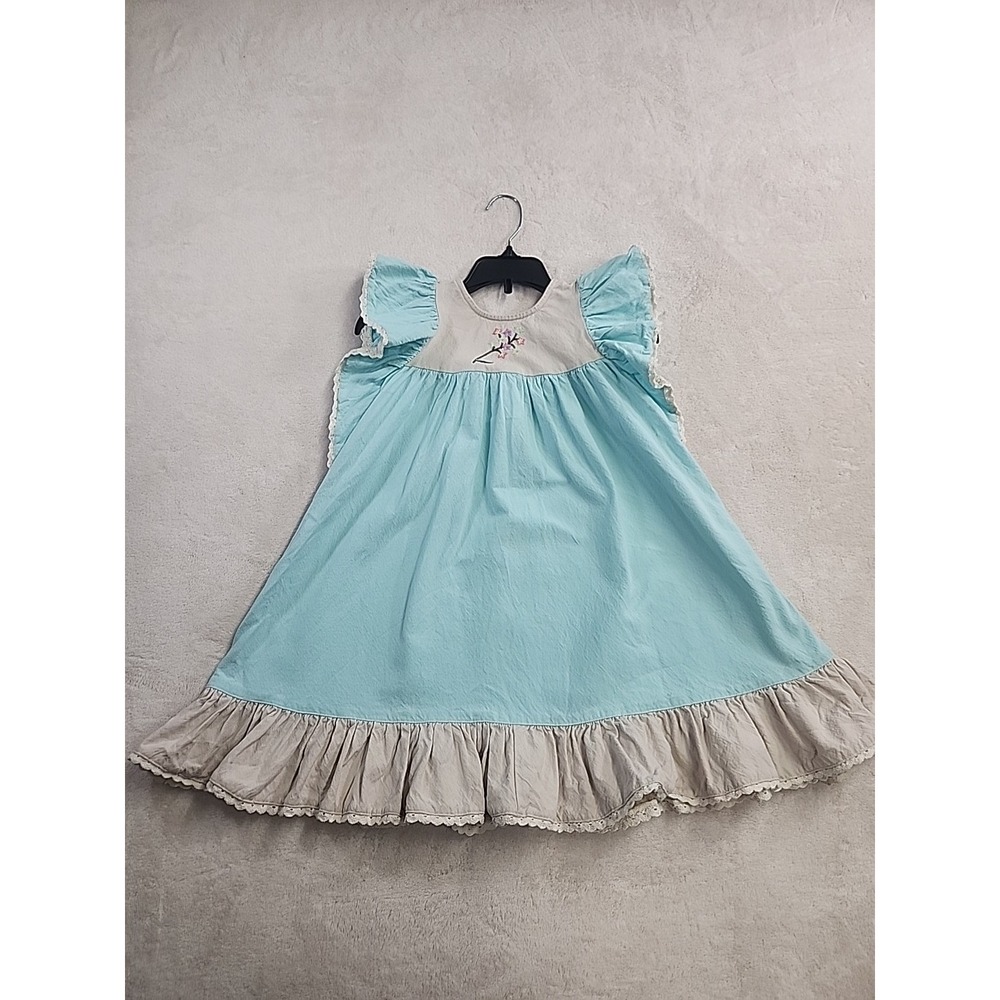 Little Prim Girls Blue With Cream Trim Size 4 Dress Vintage Looking